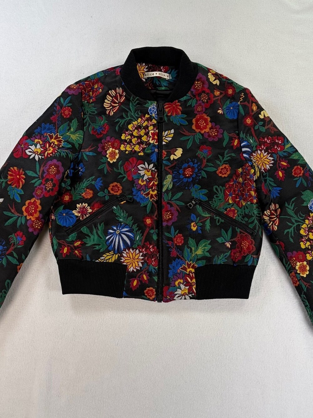 Alice + Olivia Bomber Jacket Floral Brocade Black Multicolor Women's Size Small